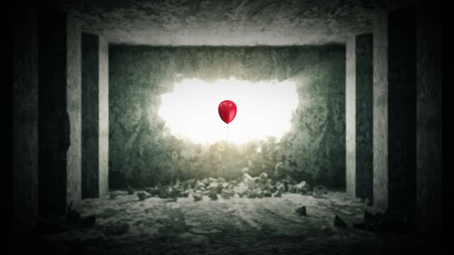 A lone red balloon drifts inside a dark ruined concrete room toward a bright hole in the wall, with rubble on the floor and an eerie abandoned atmosphere, 3D render