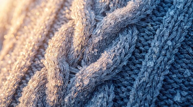 Woolen sweater fabric features a thick cable knit texture covered in a light dusting of sparkling frost.