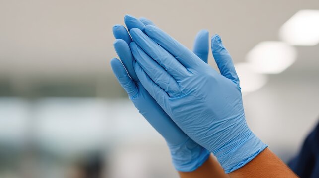 Blue nitrile gloves being worn in a laboratory setting for safety and hygiene. High-detail textures highlight laboratory preparation with a modern, sterile atmosphere.