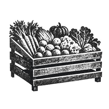 Fresh produce display at a farmers market in vintage illustration style  