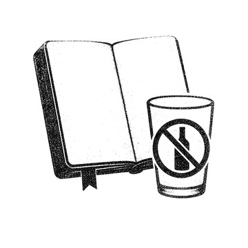 Open book with no alcohol sign and glass, concept of World Abstinence Day  