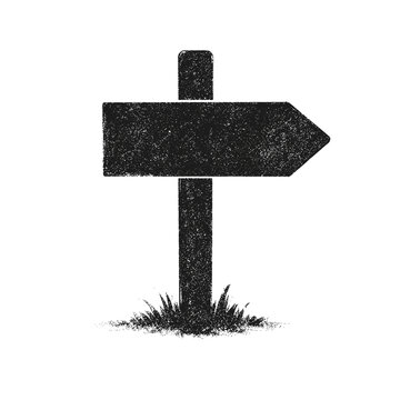 Black directional signpost with arrow on grass in minimal style  