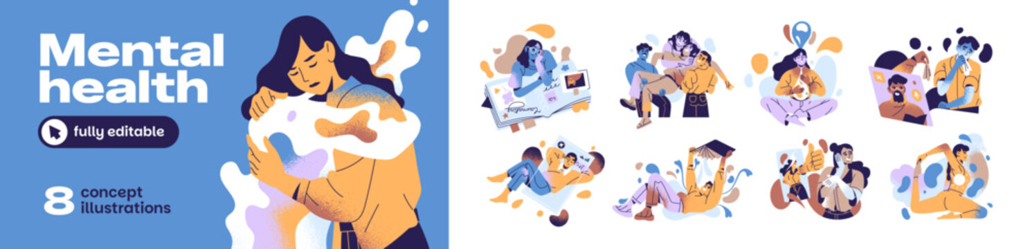 Mental health concept set. People self care and support with psychotherapy, meditation, journaling and internal balance. Psychology and therapy. Flat isolated vector illustrations on white background