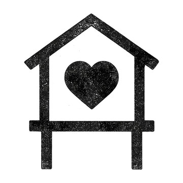 House symbol with heart inside in black distressed style  