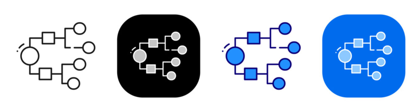 Workflow diagram nodes for process mapping structure and system organization. Line, filled, black, color set. Editable stroke