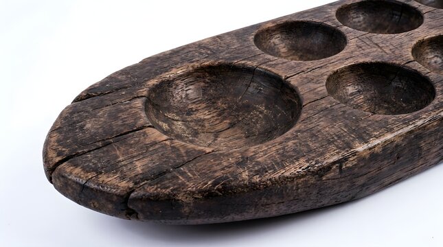 Antique Handcrafted Wooden Mancala Game Board with Traditional Carved Holes for Strategy and Leisure Play
