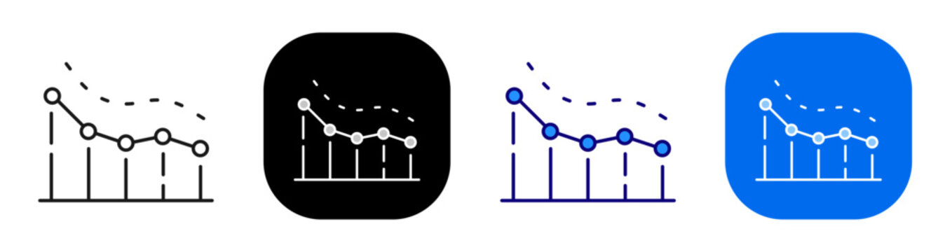 Downward trend chart for decline analytics loss measurement and performance drop. Line, filled, black, color set. Editable stroke