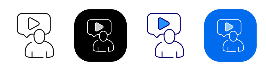 Obraz na płótnie Canvas Presenter with video speech bubble for online tutorial and webinar hosting. Line, filled, black, color set. Editable stroke