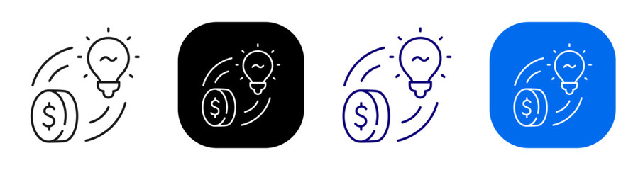 Obraz na płótnie Canvas Money idea with lightbulb and coin for finance innovation and monetization. Line, filled, black, color set. Editable stroke