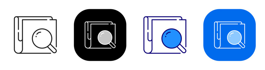 Fototapeta na wymiar Document magnifier concept representing report search and record inspection. Line, filled, black, color set. Editable stroke