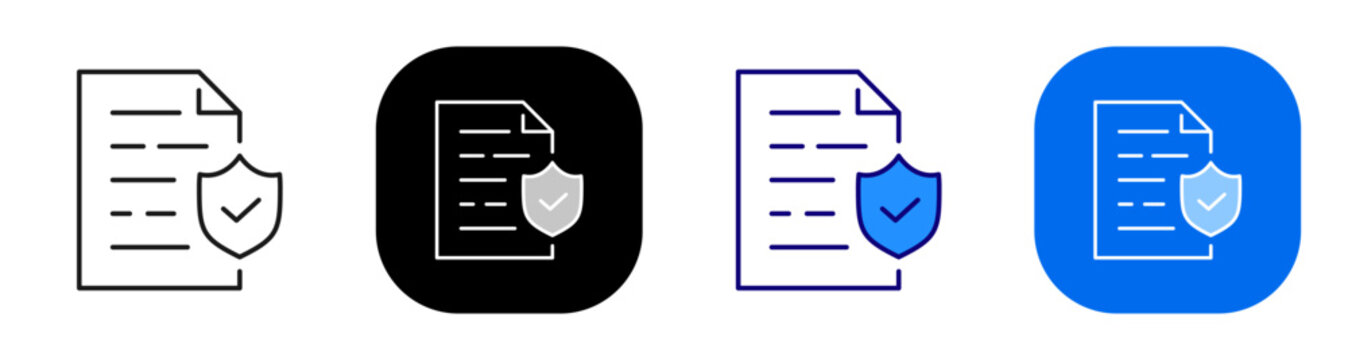 Shield document concept representing protected report and verified information. Line, filled, black, color set. Editable stroke