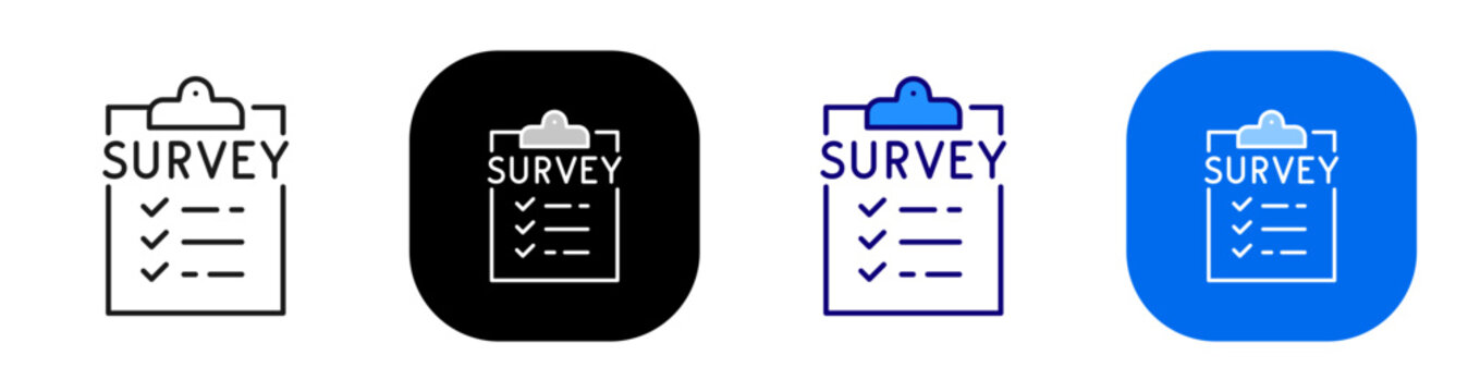 Survey clipboard concept representing questionnaire checklist and response collection. Line, filled, black, color set. Editable stroke