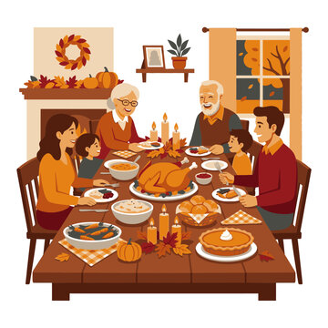 A Warm and Joyful Family Gathering Around a Thanksgiving Dinner Table Laden with Food and Autumn Decorations