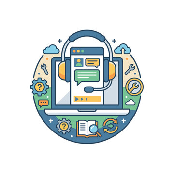 Customer support and technical assistance illustration featuring a laptop, smartphone, and headphones in a circle design