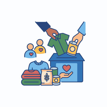 Community Charity and Philanthropic Giving Hands Donating Clothes and Food into a Box, Illustrating Humanitarian Aid and Social Support