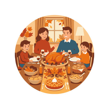 A heartwarming illustration of a happy family sharing a delicious holiday feast together, celebrating autumn's bounty with turkey and pie