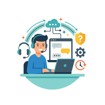 Customer support representative with headset providing technical assistance online call center concept