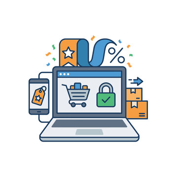 Online shopping concept with e-commerce laptop, shopping cart, secured payment, mobile phone, and delivery boxes, representing digital commerce and retail business
