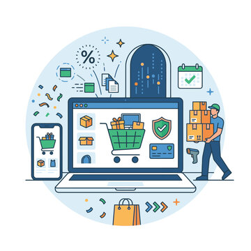 E-commerce and online shopping concept illustration featuring a laptop, smartphone, and delivery courier with boxes