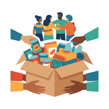 Diverse community members uniting to offer essential support and aid, filling a donation box with food and clothing for those in need, symbolizing collective generosity and humanitarian efforts