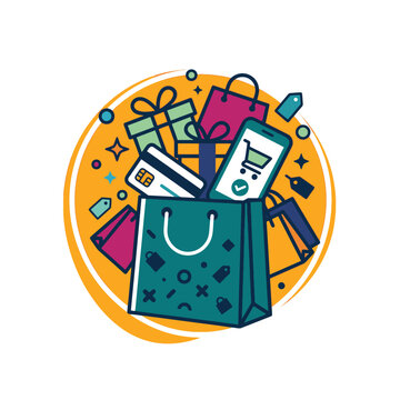 Online shopping concept illustration with shopping bag, gift boxes, credit cards, and smartphone displaying a shopping cart, representing e-commerce and digital retail