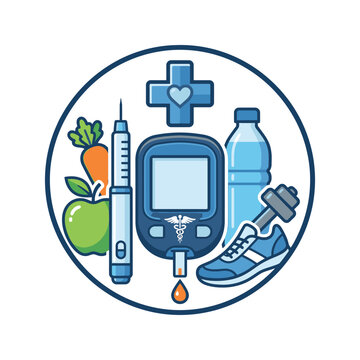 Healthy Lifestyle Icons for Diabetes Management and Blood Sugar Control Featuring Medical Tools and Nutritious Food