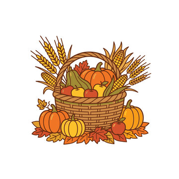 Autumn Harvest Wicker Basket Filled with Pumpkins Apples Corn and Wheat Stalks for Thanksgiving Celebration