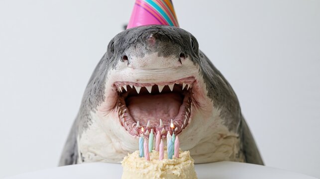The Birthday Shark Posing With Cake And Party Hat In Whimsical Celebration