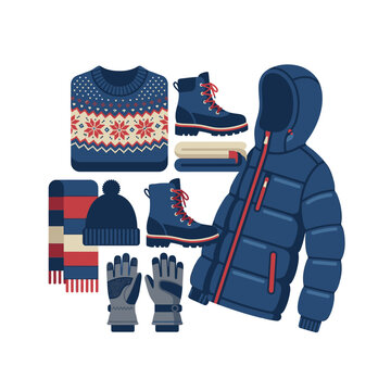 Winter Clothes Vector Set with Down Jacket Sweater Boots Beanie Scarf and Gloves Isolated on White Background