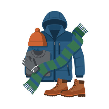 Essential winter clothing set blue hooded jacket, brown beanie, green striped scarf, gray gloves, and durable boots. Perfect for cold weather comfort and outdoor style