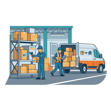 Warehouse workers loading cardboard boxes into a delivery van for distribution
