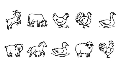 Minimal Farm Livestock Line Icons Collection with Black Outline Animal Vector Set © Sadhon