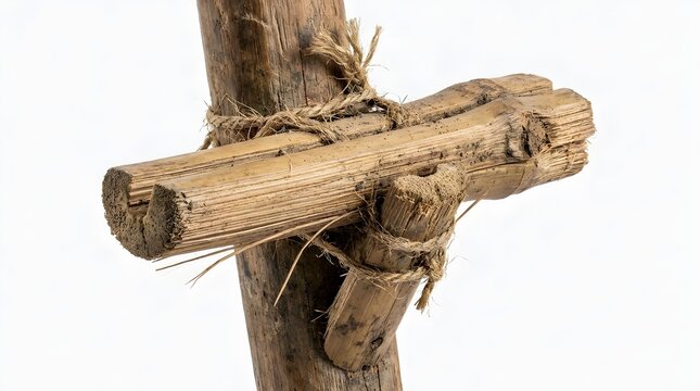Macro detail of traditional wooden egrang bamboo stilts joint tied with natural fiber rope isolated on white background