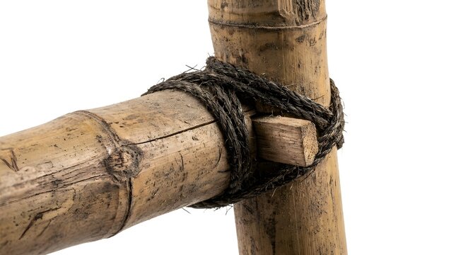 Rustic Bamboo Construction Joint Tied With Sturdy Rope Isolated on White Background