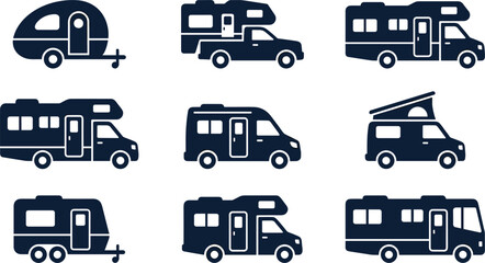 Recreational vehicle flat silhouette icon set featuring camping trailer motorhome caravan camper van and road trip transport vectors © MstHusna