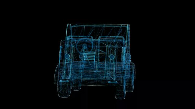 Futuristic 360&deg; rotating HUD wireframe vehicle animation with glowing X-ray blueprint style. High-tech digital interface, seamless loop, perfect for AI, automotive, engineering, defense, and sci-fi pr