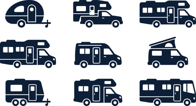 Recreational vehicle flat silhouette icon set featuring camping trailer motorhome caravan camper van and road trip transport vectors