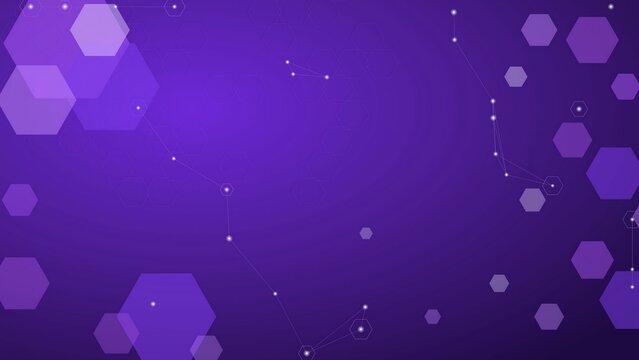 Futuristic purple technology background with floating hexagons and connected nodes