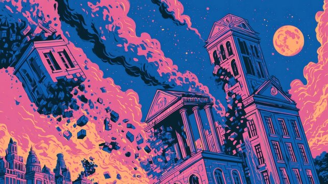 Financial buildings collapse in a cascade, symbolizing the 2008 crisis and its impact on banks and the economy, portraying a dramatic scene.