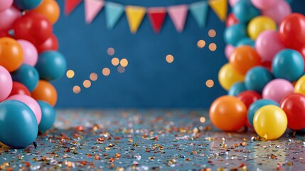 Obraz premium The Balloon Celebration Scene with Colorful Balloons, Confetti and Bunting