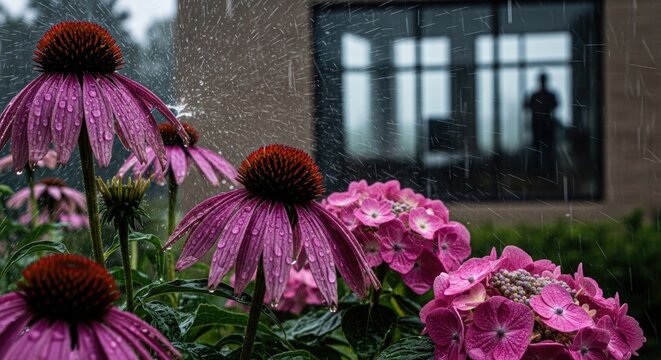 pink coneflower and hydrangea blooming in rainy garden, water droplets on petals, modern house window with silhouette in background, moody natural atmosphere