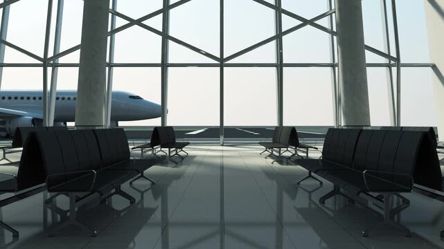 Empty airport terminal seating faces large glass windows as a passenger jet taxis past outside on the runway, sunlight casting long reflections across the floor, 3D animation