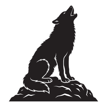 Isolated black vector silhouette of a howling wolf sitting on a rock mound,