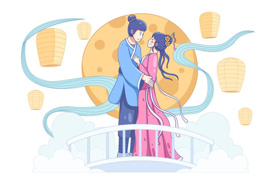 Chinese Couple in Hanfu Embracing Under Full Moon, Qixi Festival Illustration