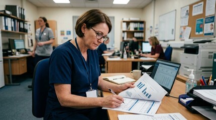 Fototapeta premium Infection Preventionist Reviewing a Monthly Hand Hygiene Compliance Report at a Desk – Editorial Photo, Hospital Hand Hygiene & Infection Control Concept
