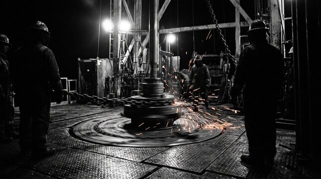 Oil Drilling Rig Floor in Motion During Night Shift Operations