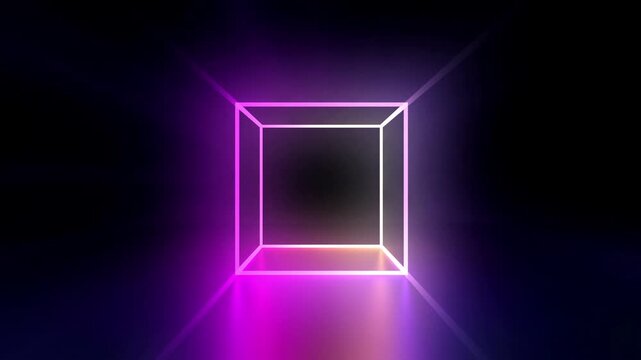 Glowing neon cube outline rotates on a dark reflective surface, shifting between magenta, purple, and white light with soft bloom and futuristic abstract motion, 3D animation