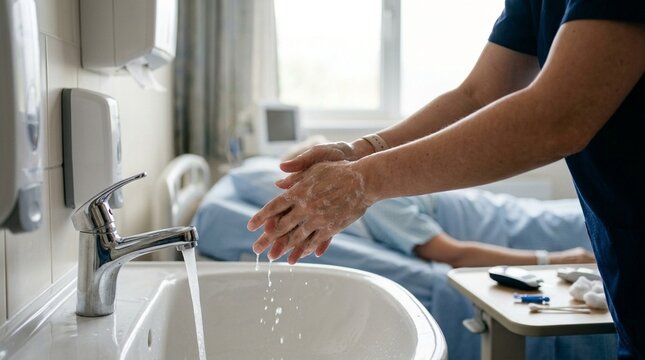 Nurse Washing Hands before Assisting with a Bedside Blood Glucose Check on a Patient &ndash; Close-Up Detail, Hospital Hand Hygiene & Infection Control Concept