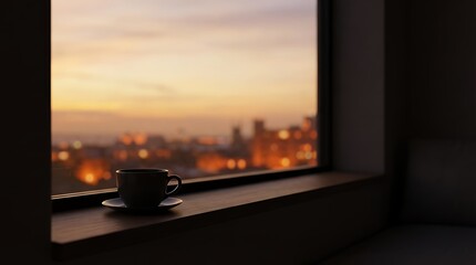 Obraz premium 3D render of a serene and atmospheric view from a window at sunset looking out over an evening cityscape with the black silhouette of a coffee or tea cup in the foreground creating a contemplative