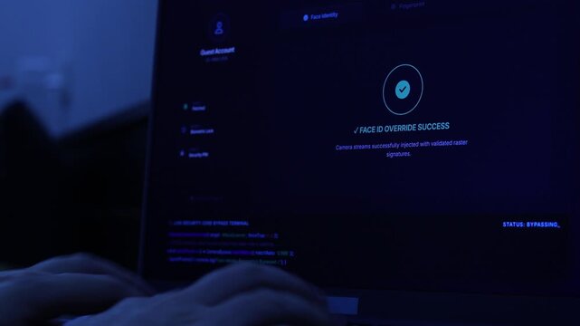 Hacker typing on laptop keyboard to bypass biometric security systems, face id override, fingerprint spoofing, and passcode unlock for cyber crime concept.